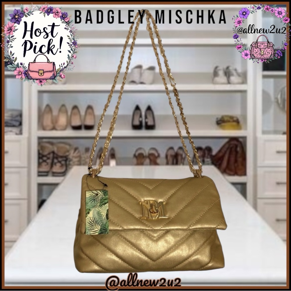 Badgley Mischka Metallic Gold V Quilting Crossbody with Letter Lock